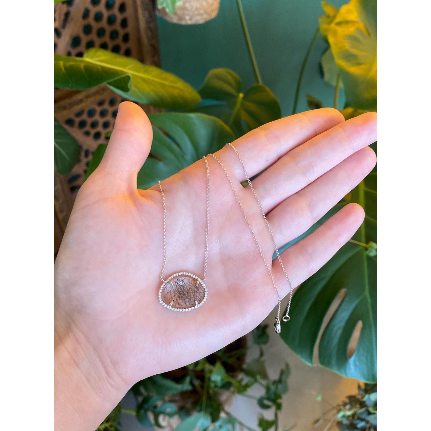 Solid 18k White Gold Diamond Halo Black Rutilated Quartz Tight Rolo Chain Necklace - 18 inches