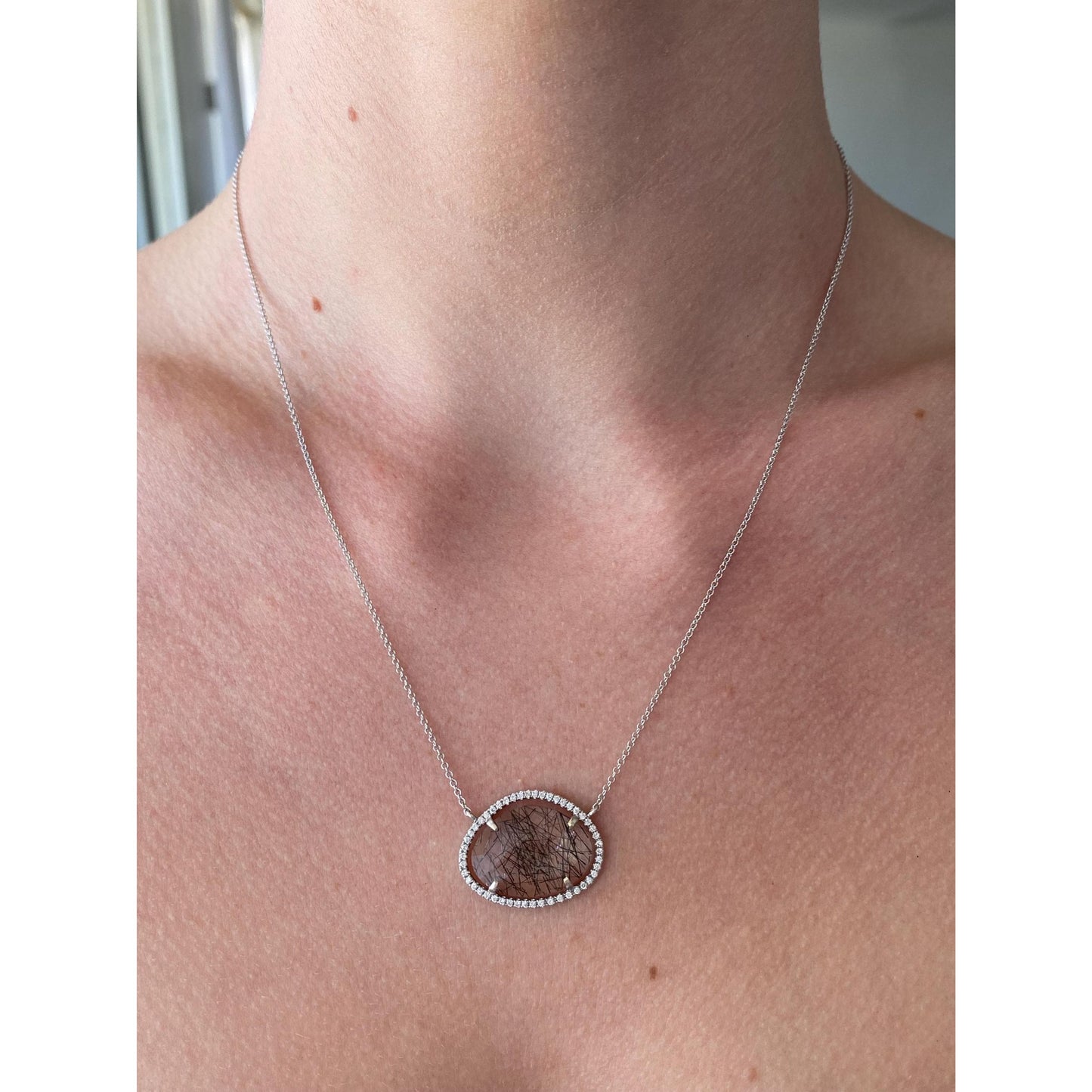 Solid 18k White Gold Diamond Halo Black Rutilated Quartz Tight Rolo Chain Necklace - 18 inches