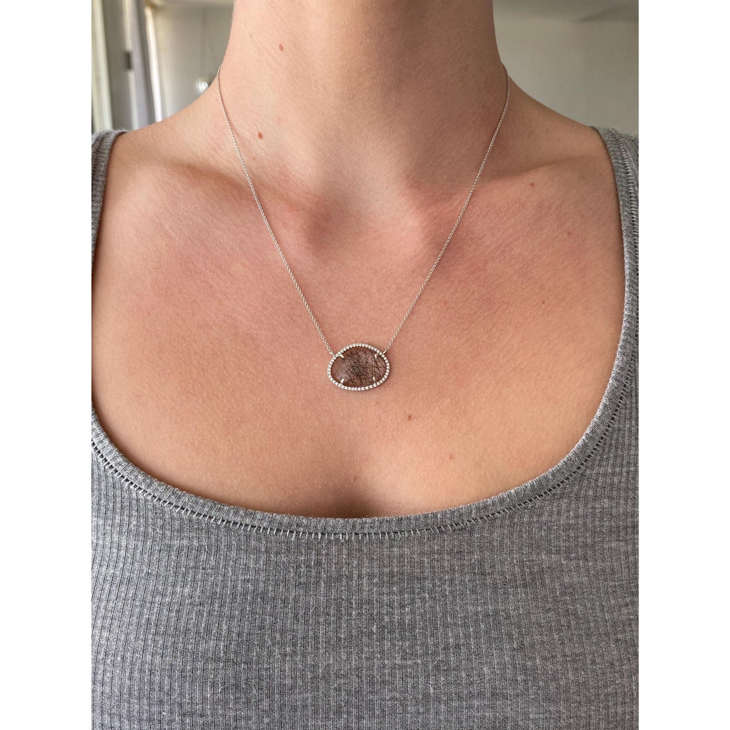 Solid 18k White Gold Diamond Halo Black Rutilated Quartz Tight Rolo Chain Necklace - 18 inches