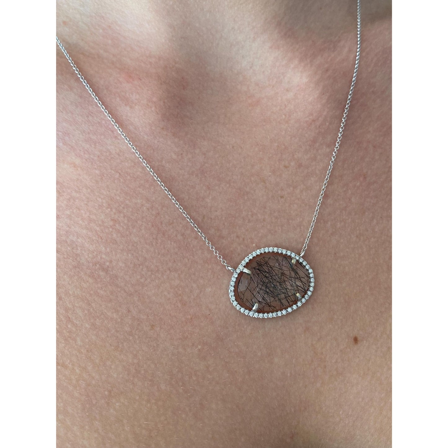 Solid 18k White Gold Diamond Halo Black Rutilated Quartz Tight Rolo Chain Necklace - 18 inches