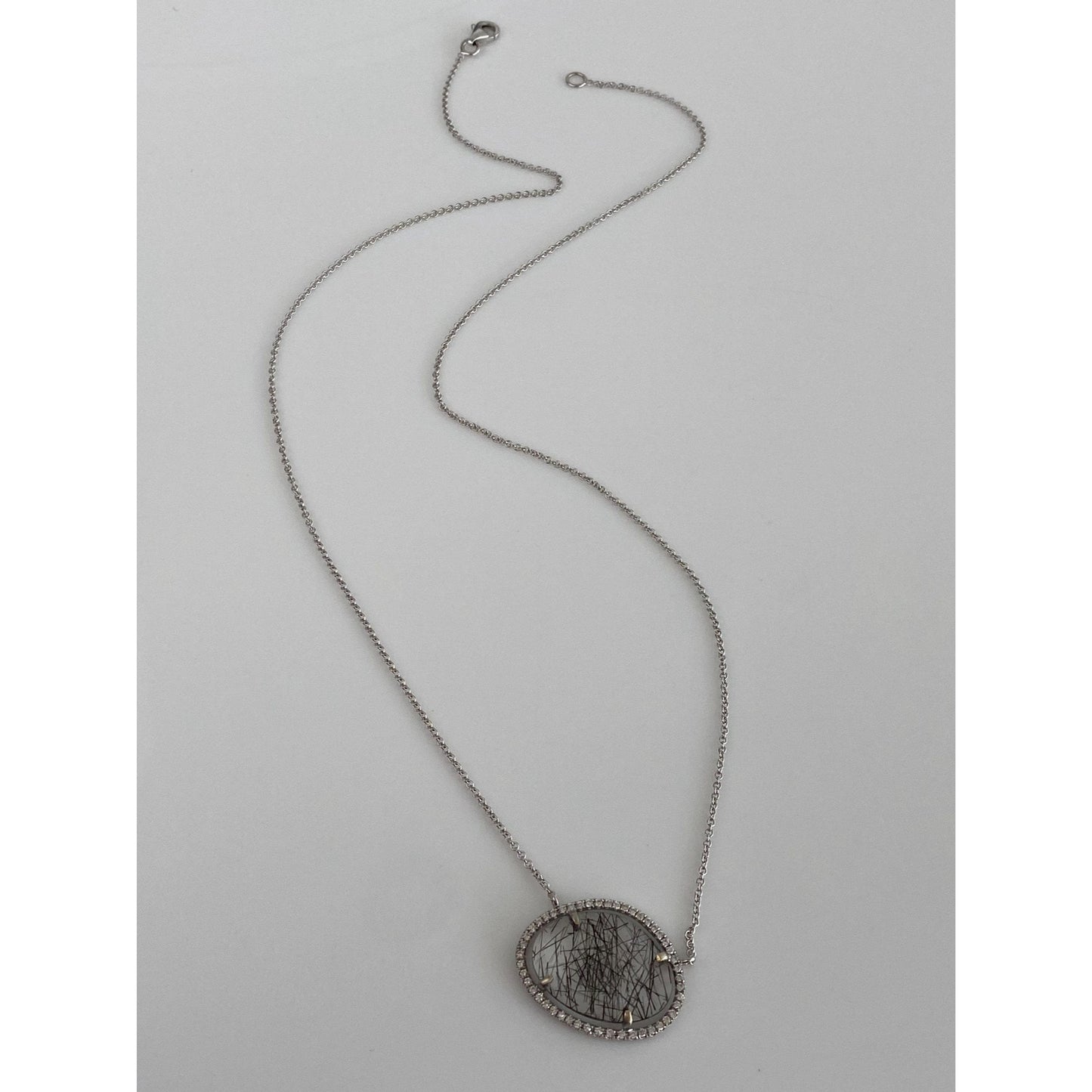 Solid 18k White Gold Diamond Halo Black Rutilated Quartz Tight Rolo Chain Necklace - 18 inches