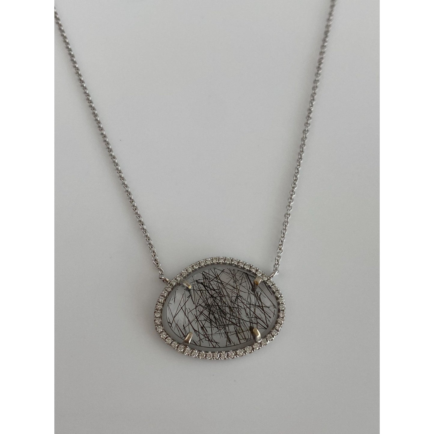 Solid 18k White Gold Diamond Halo Black Rutilated Quartz Tight Rolo Chain Necklace - 18 inches