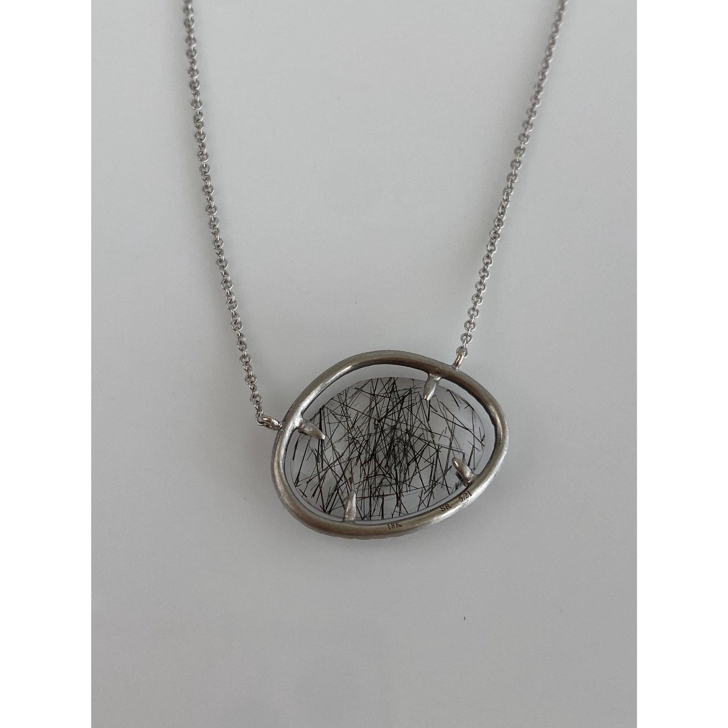 Solid 18k White Gold Diamond Halo Black Rutilated Quartz Tight Rolo Chain Necklace - 18 inches