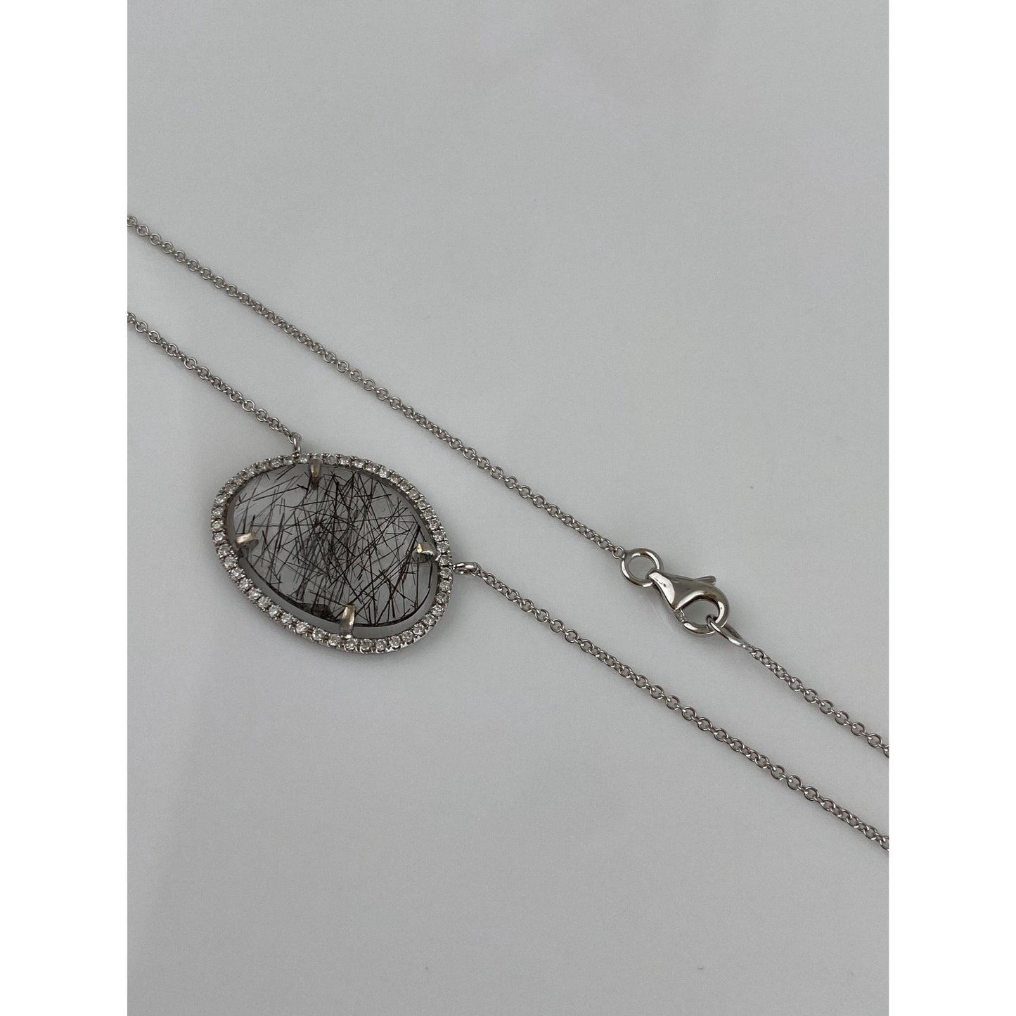 Solid 18k White Gold Diamond Halo Black Rutilated Quartz Tight Rolo Chain Necklace - 18 inches