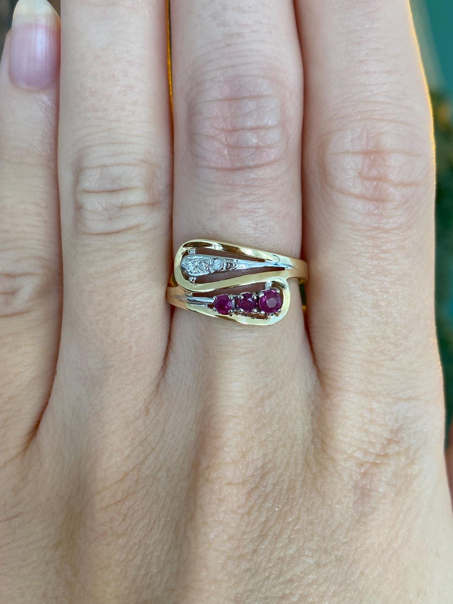 Vintage Solid 14k White & Yellow Gold Diamond Pink Sapphire Wrap Ring - Size 6.5