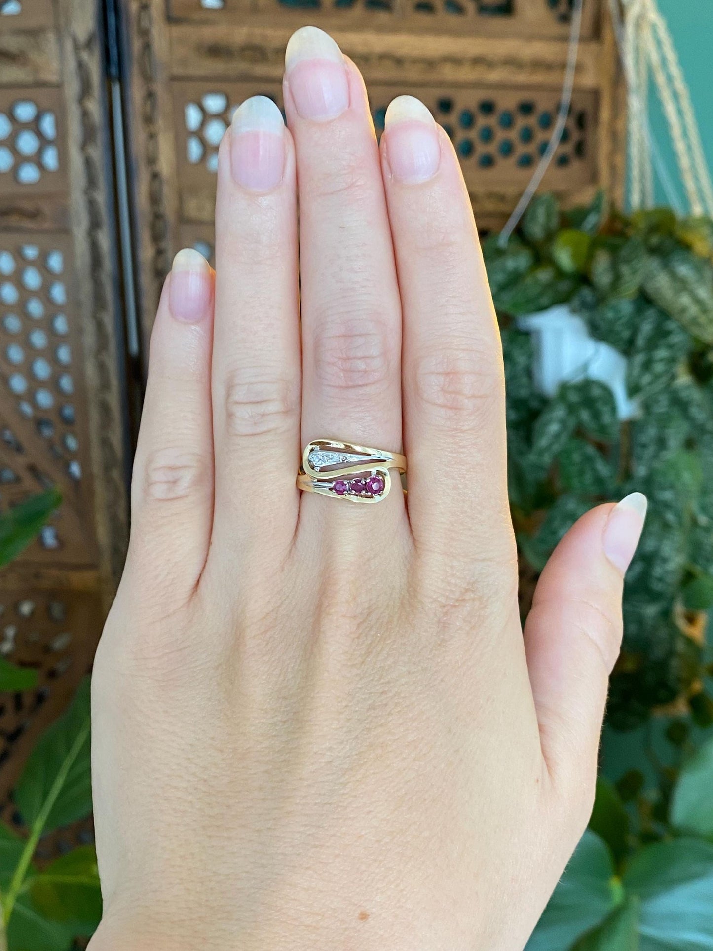 Vintage Solid 14k White & Yellow Gold Diamond Pink Sapphire Wrap Ring - Size 6.5
