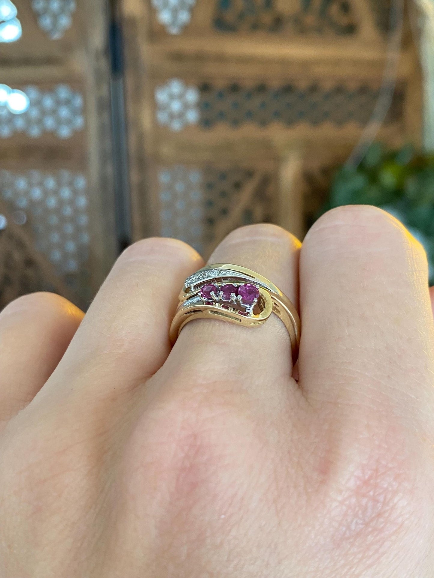 Vintage Solid 14k White & Yellow Gold Diamond Pink Sapphire Wrap Ring - Size 6.5