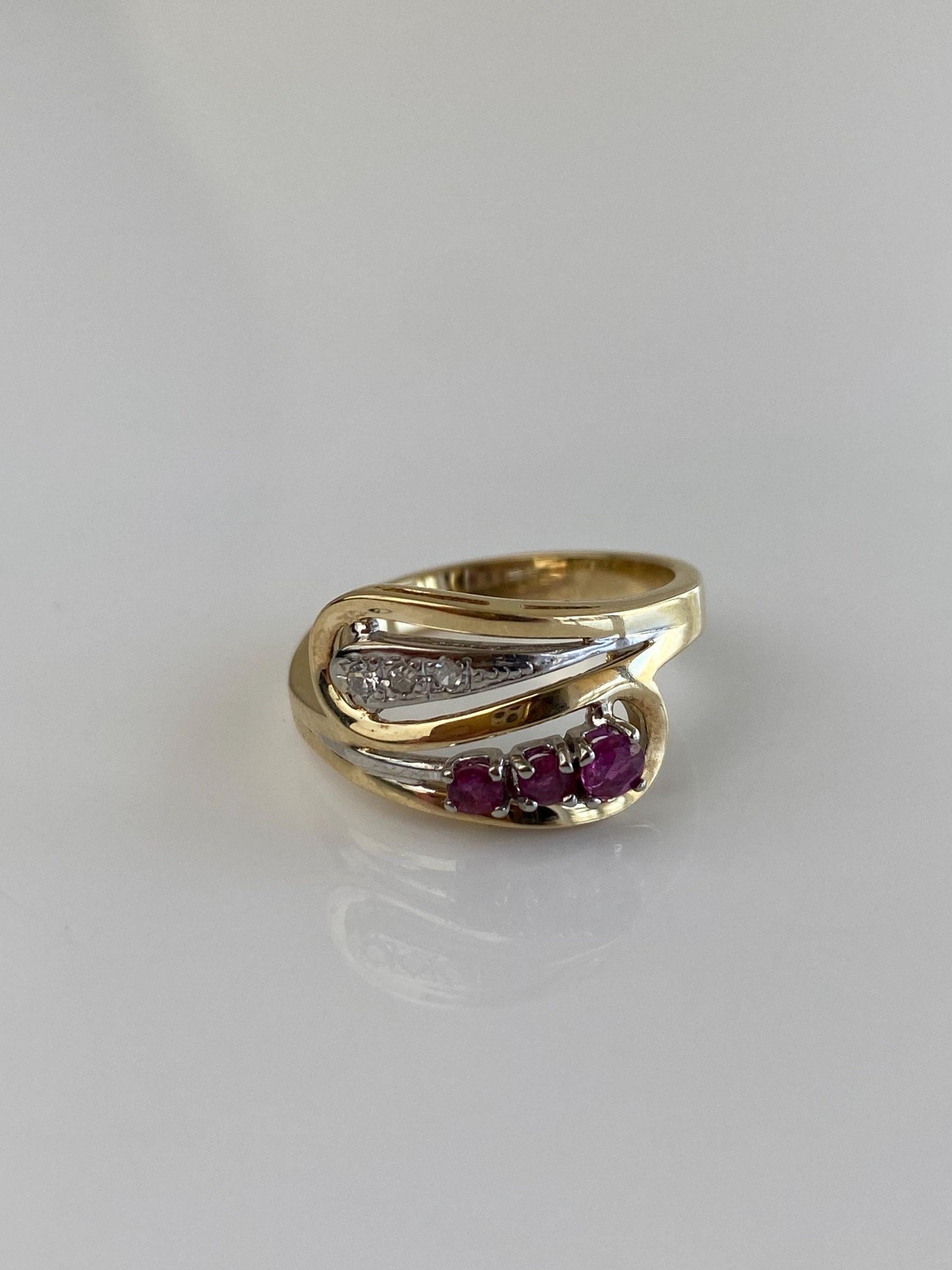 Vintage Solid 14k White & Yellow Gold Diamond Pink Sapphire Wrap Ring - Size 6.5