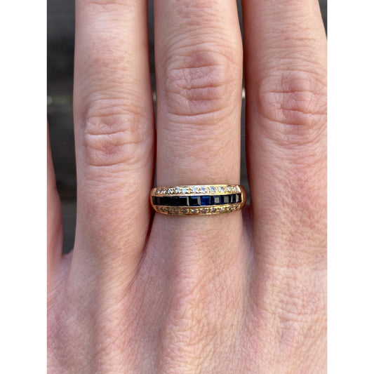 Solid 14k Yellow Gold Sapphire Diamond Ring Band - Size 6.75