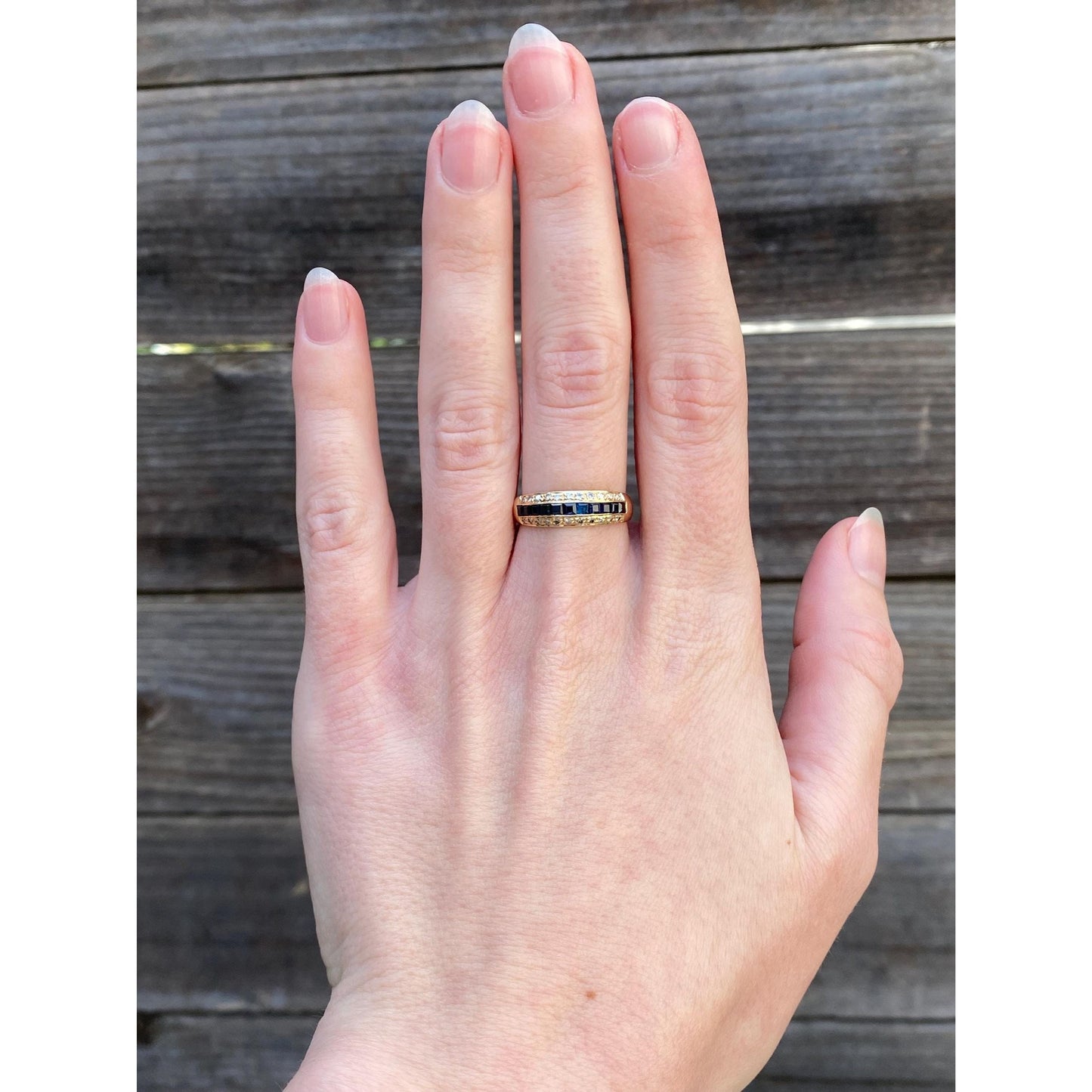 Solid 14k Yellow Gold Sapphire Diamond Ring Band - Size 6.75