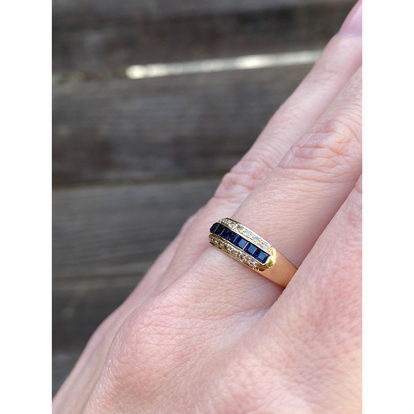Solid 14k Yellow Gold Sapphire Diamond Ring Band - Size 6.75
