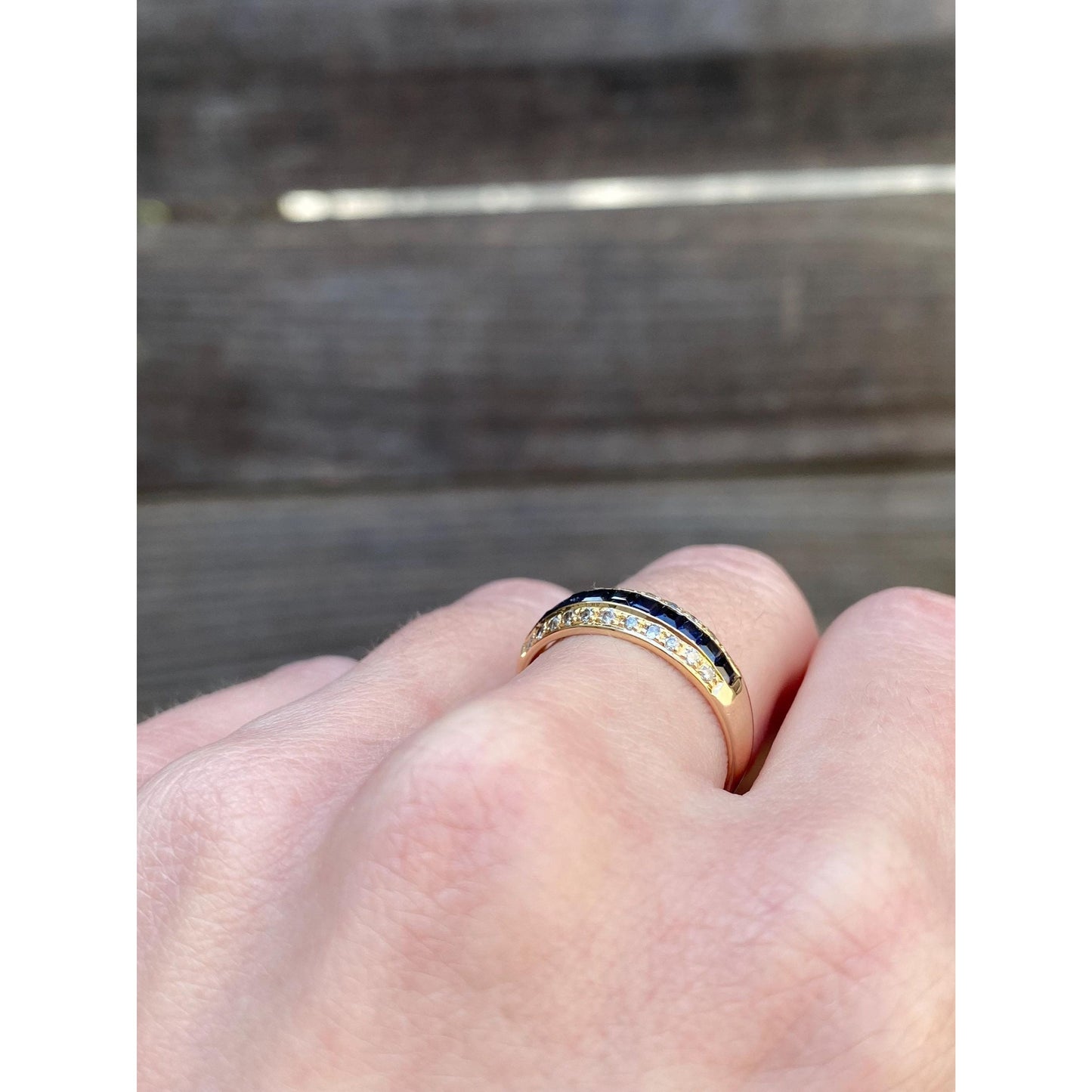 Solid 14k Yellow Gold Sapphire Diamond Ring Band - Size 6.75