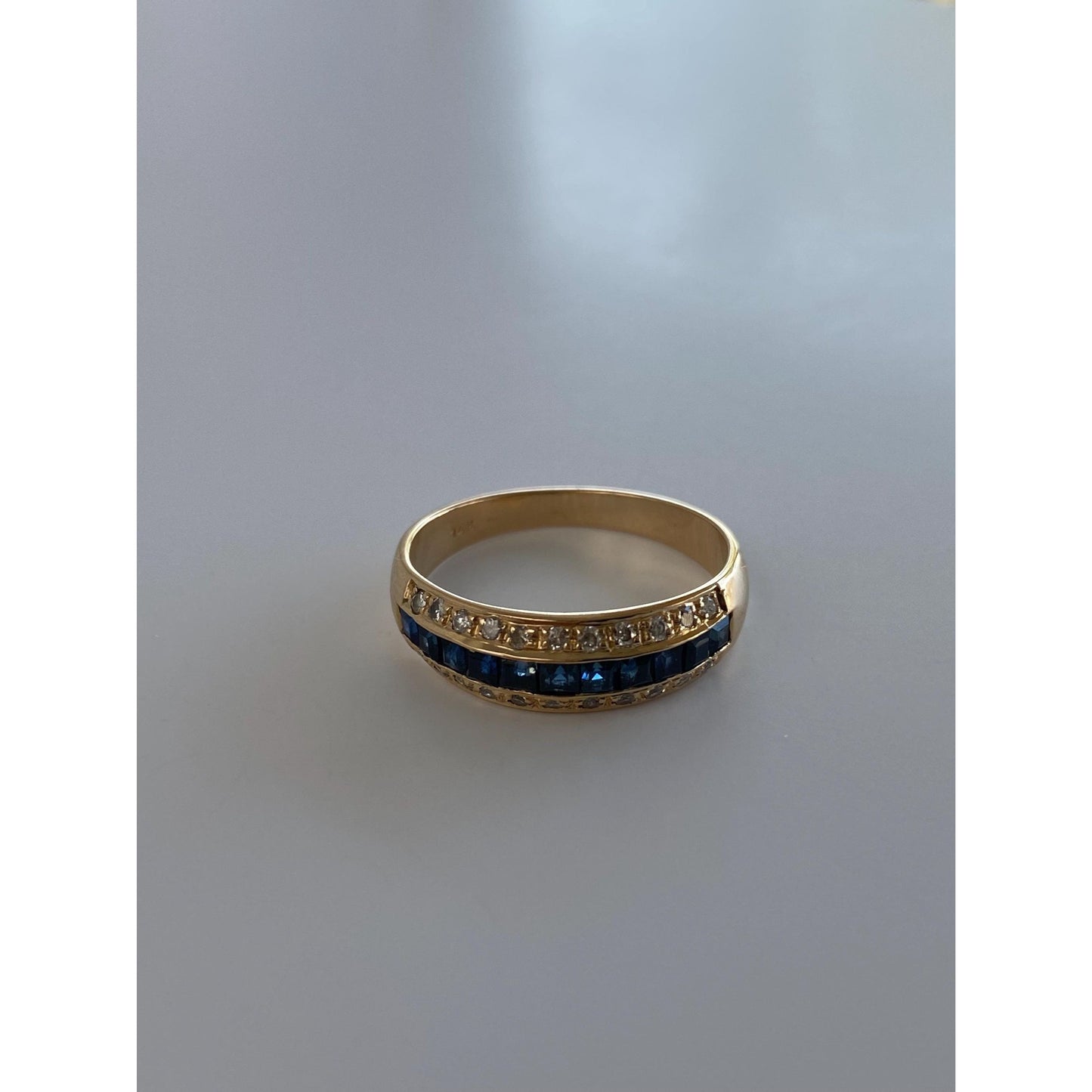 Solid 14k Yellow Gold Sapphire Diamond Ring Band - Size 6.75