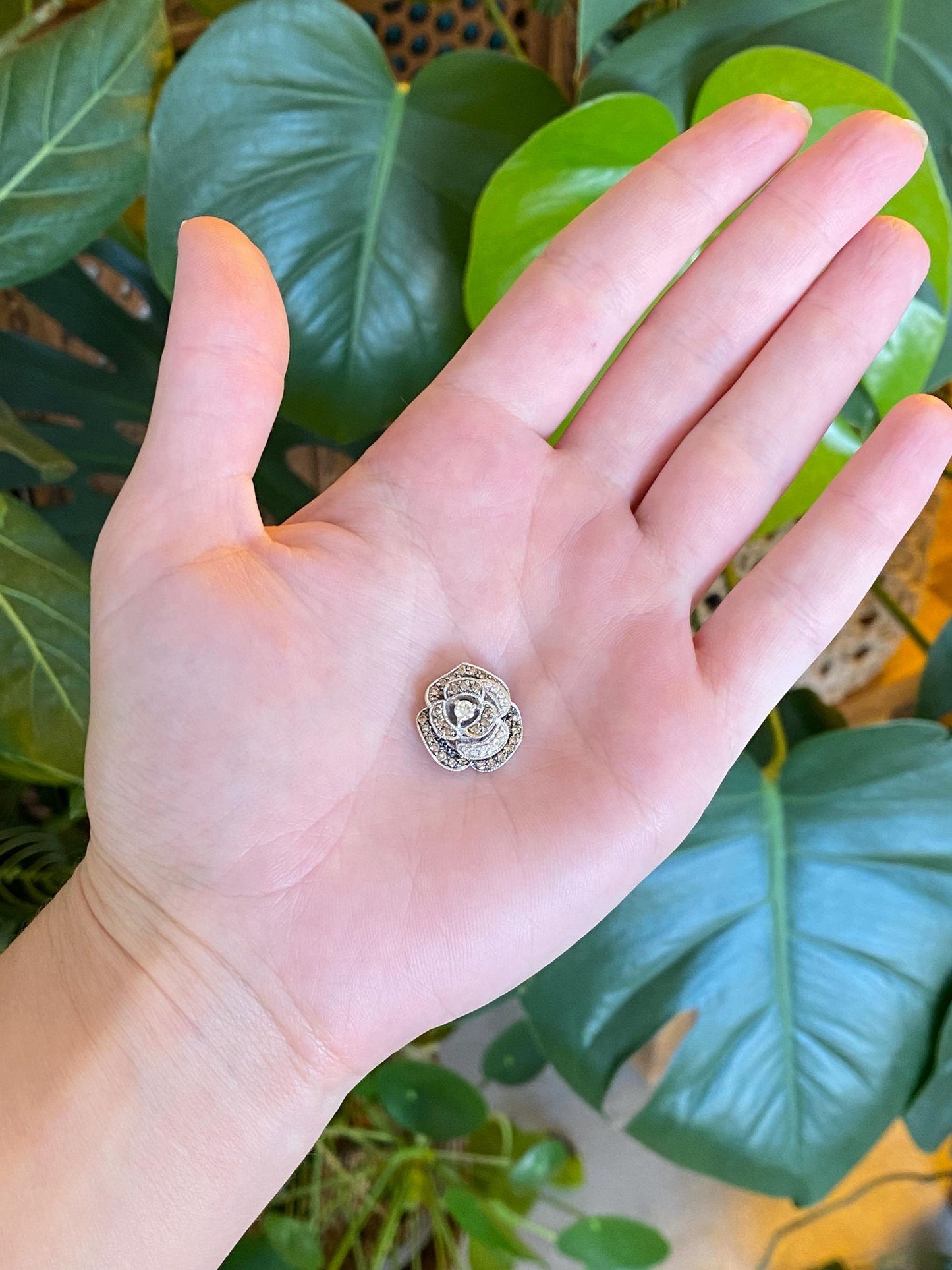 Vintage Solid 14k White Gold Clear & Brown Diamond Rose Charm