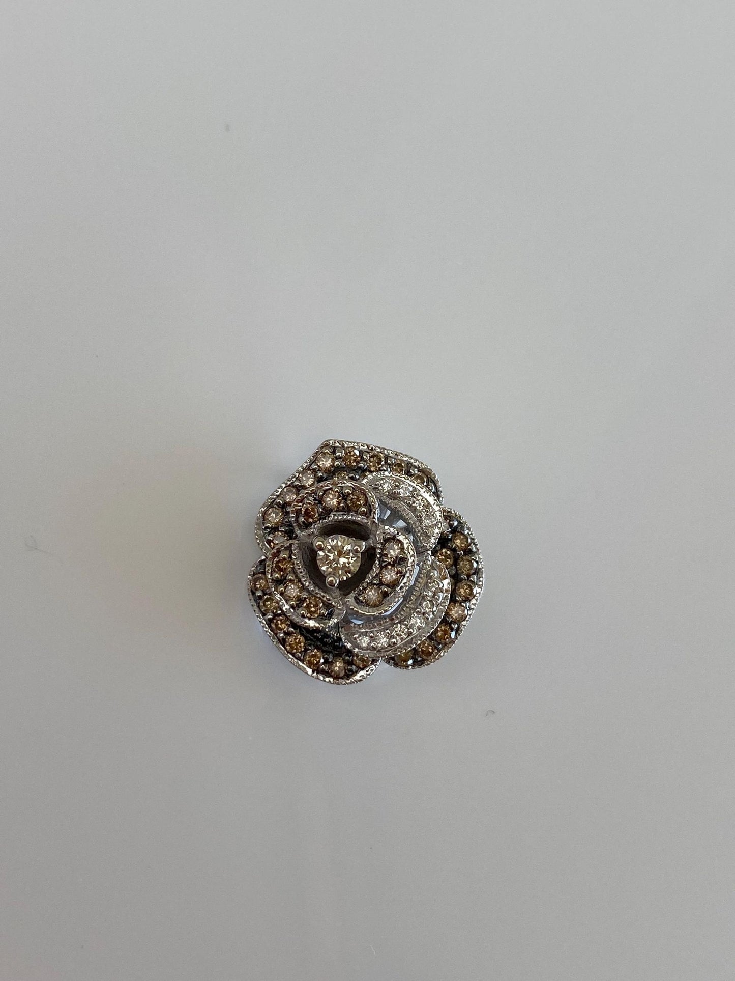 Vintage Solid 14k White Gold Clear & Brown Diamond Rose Charm
