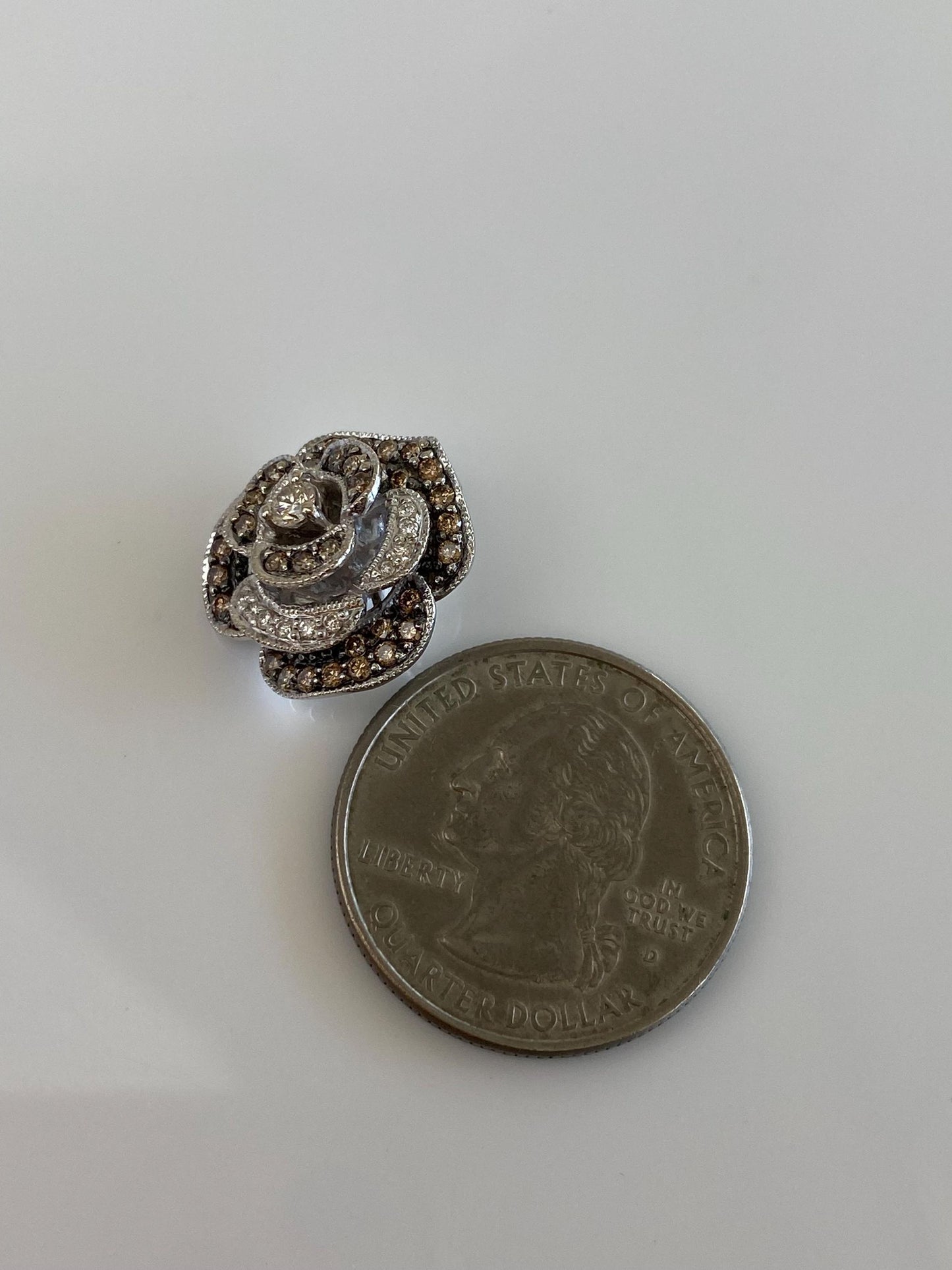 Vintage Solid 14k White Gold Clear & Brown Diamond Rose Charm