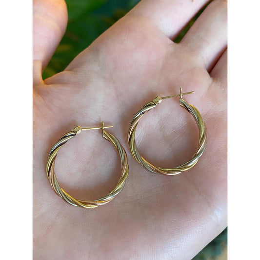 Vintage 14k Tri Tone Gold Twist Hoop Earrings
