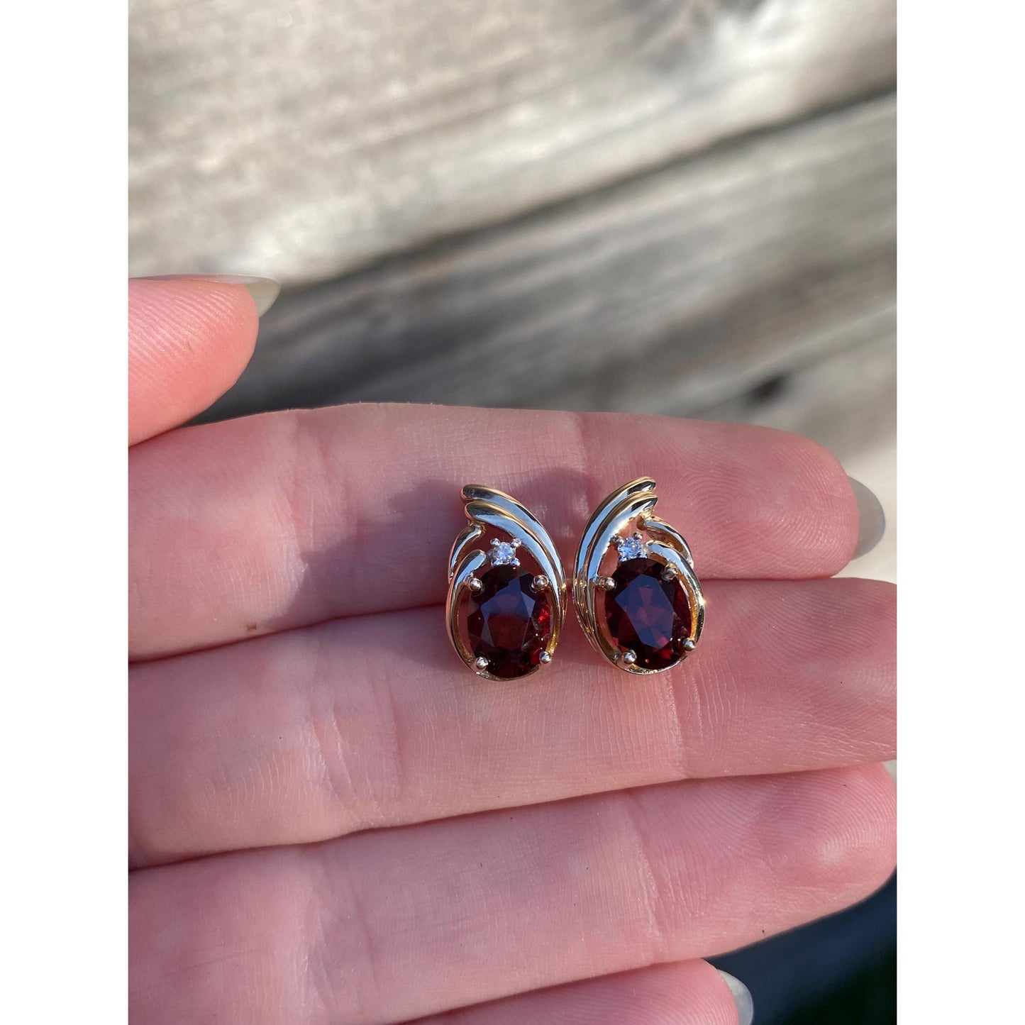 Vintage Solid 14k Yellow Gold Garnet Clear Sapphire Stud Earrings