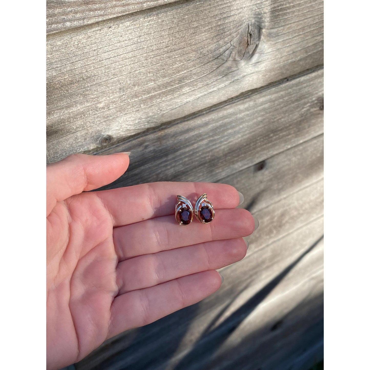 Vintage Solid 14k Yellow Gold Garnet Clear Sapphire Stud Earrings