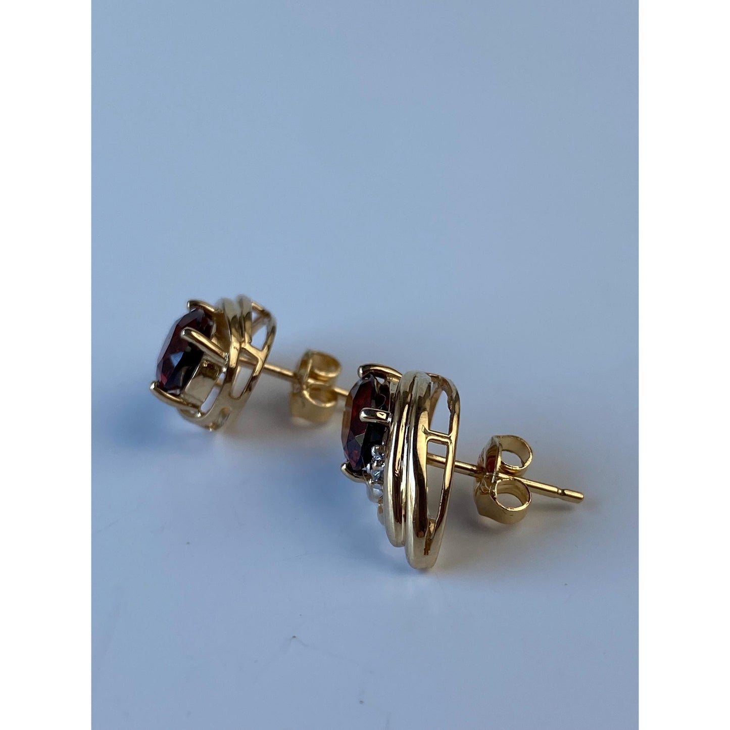 Vintage Solid 14k Yellow Gold Garnet Clear Sapphire Stud Earrings
