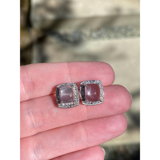 Vintage Solid 10k White Gold Rose Quartz Diamond Halo Stud Earrings