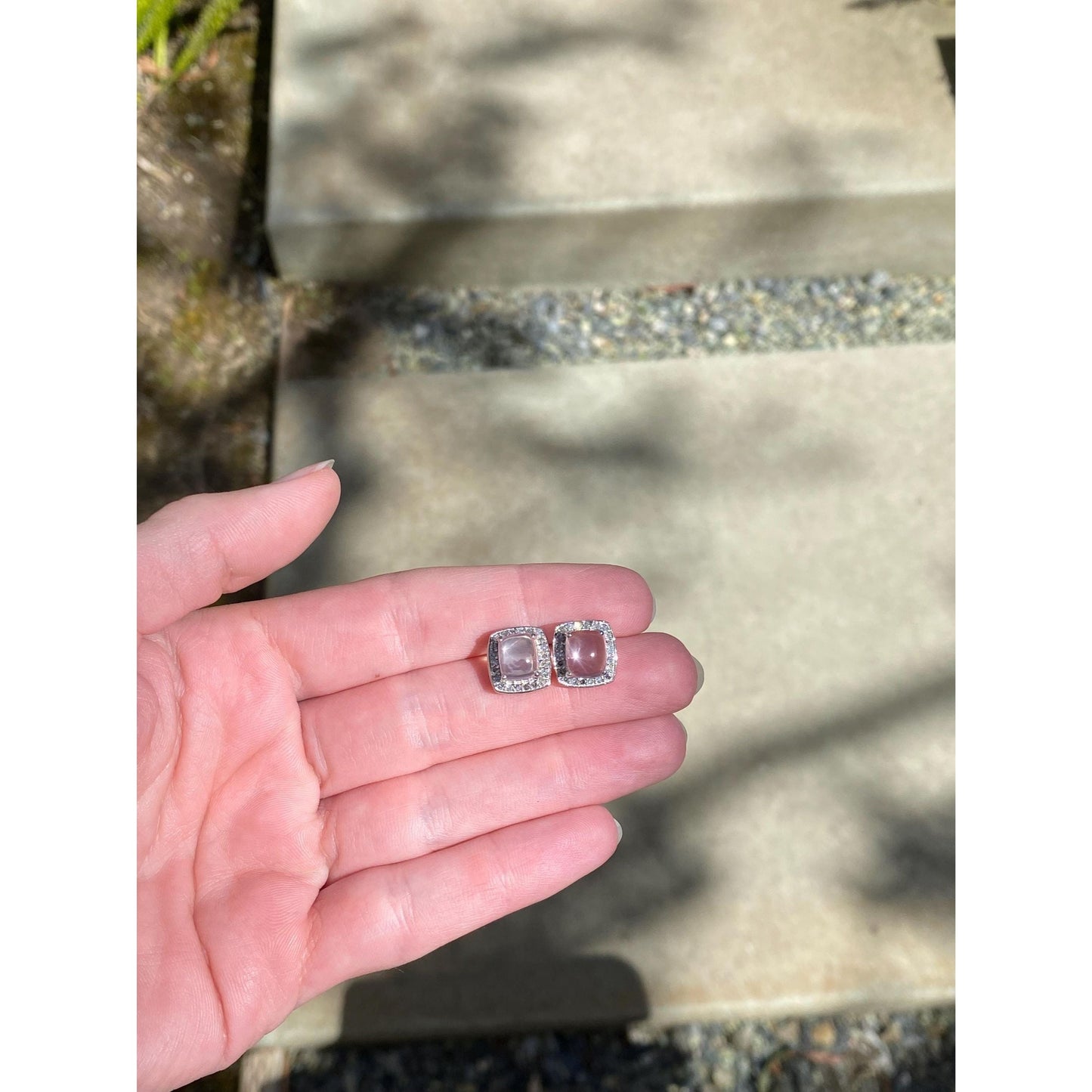 Vintage Solid 10k White Gold Rose Quartz Diamond Halo Stud Earrings