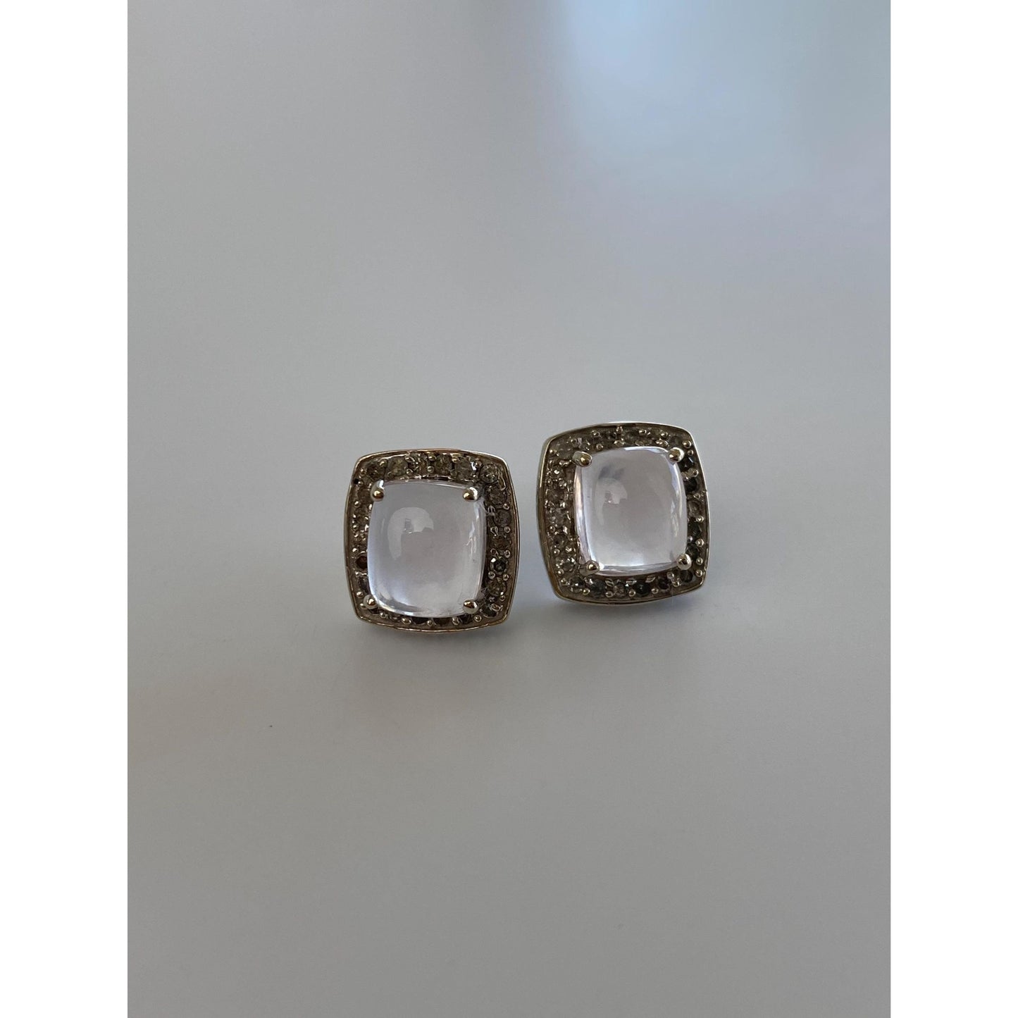 Vintage Solid 10k White Gold Rose Quartz Diamond Halo Stud Earrings