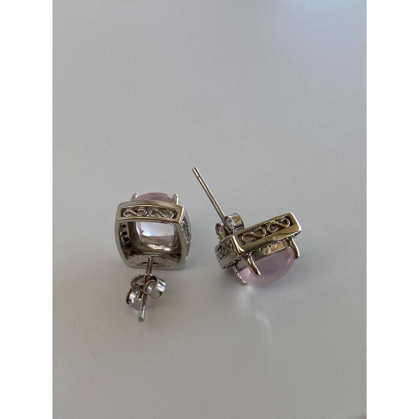 Vintage Solid 10k White Gold Rose Quartz Diamond Halo Stud Earrings