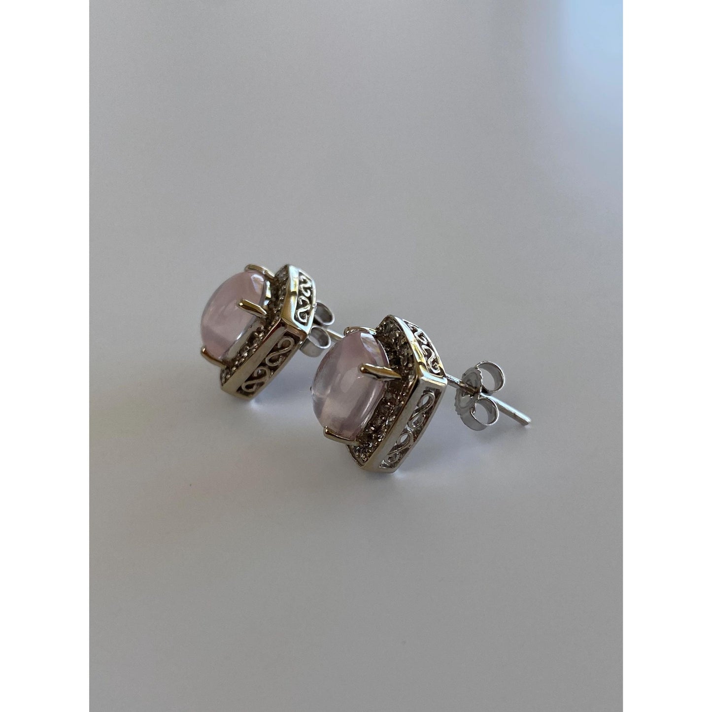 Vintage Solid 10k White Gold Rose Quartz Diamond Halo Stud Earrings