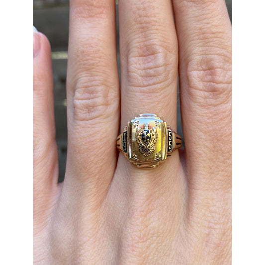 Vintage Solid 10k Yellow Gold Enamel 1955 'Lockport Senior' Class Ring - Size 6.75