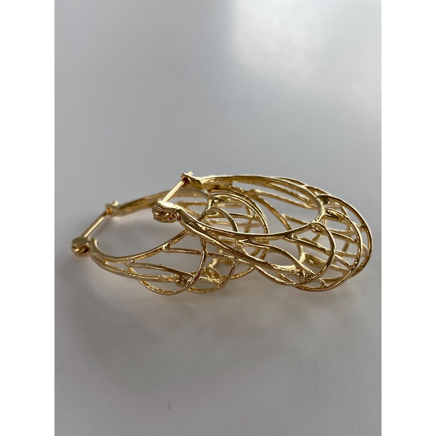 Vintage Solid 14k Yellow Gold Open Basket Hoop Earrings