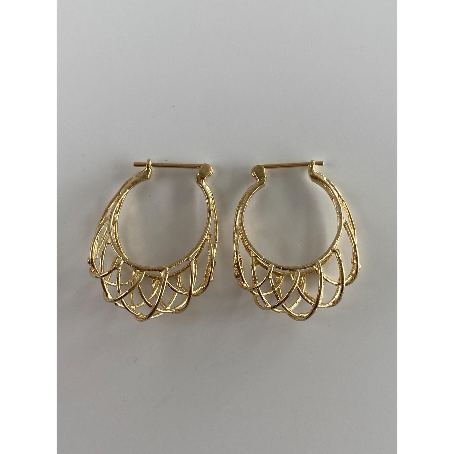 Vintage Solid 14k Yellow Gold Open Basket Hoop Earrings