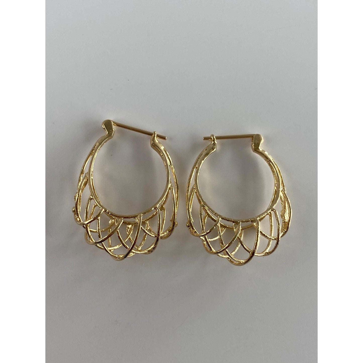 Vintage Solid 14k Yellow Gold Open Basket Hoop Earrings