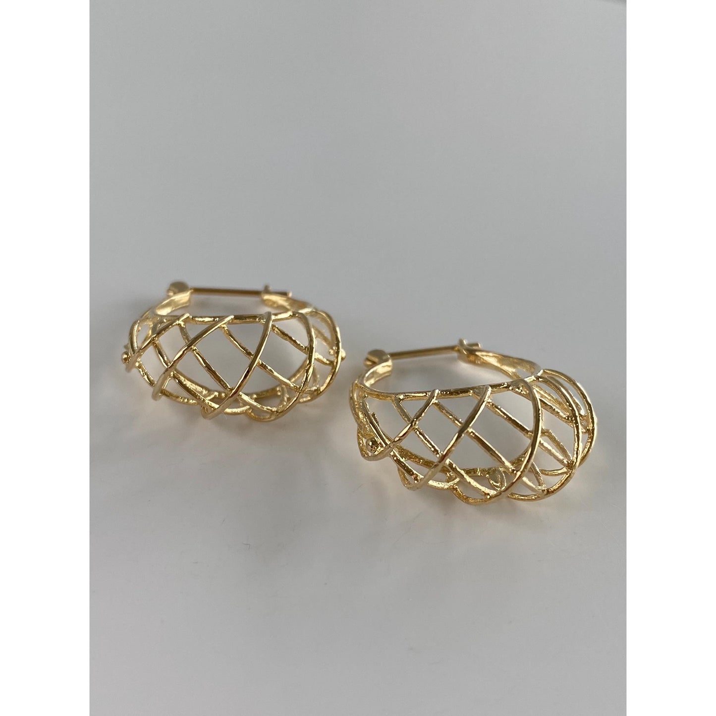 Vintage Solid 14k Yellow Gold Open Basket Hoop Earrings