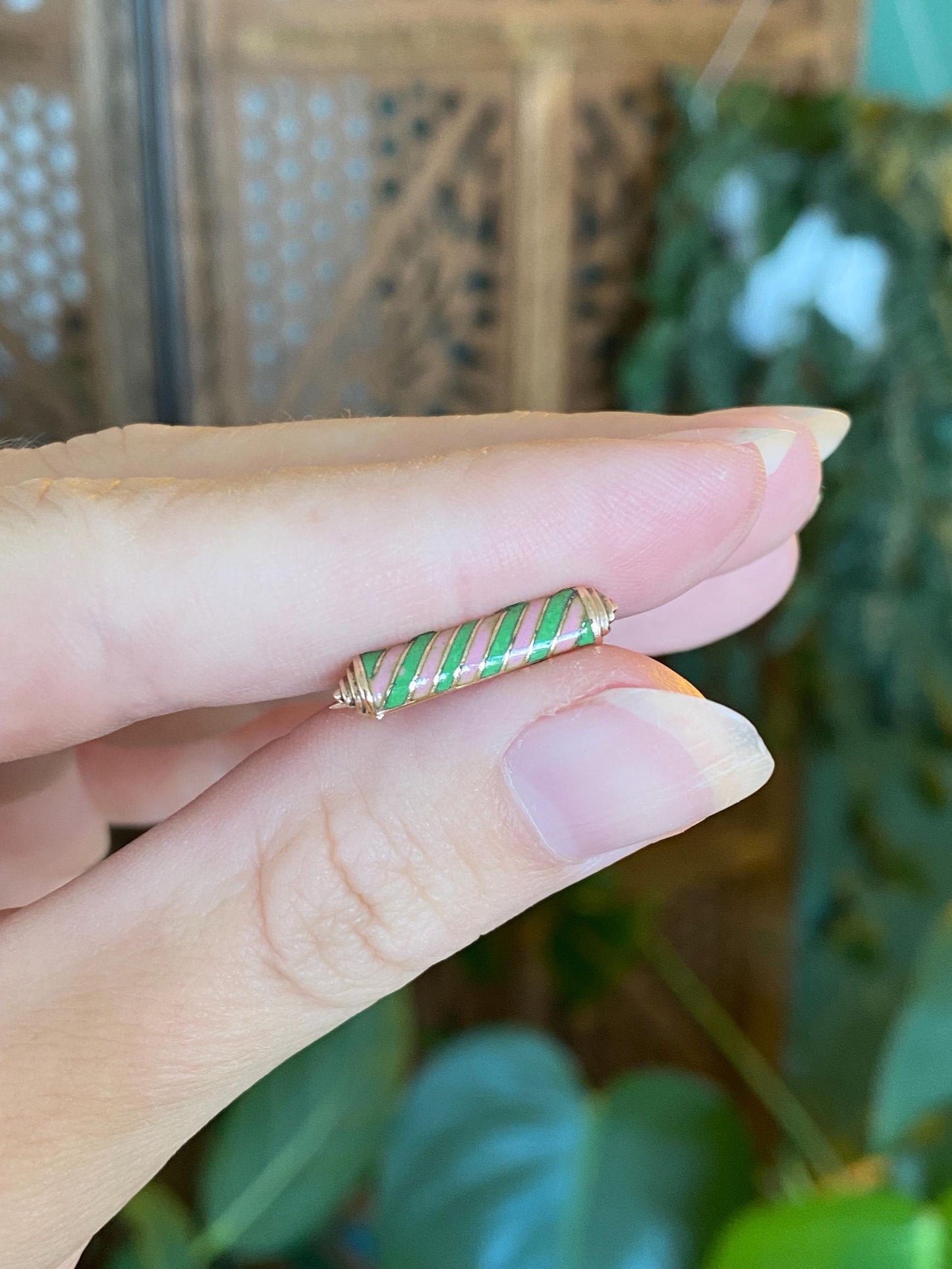 Vintage Solid 10k Yellow Gold Pink Green Enamel Striped Pin