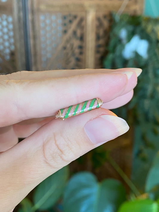 Vintage Solid 10k Yellow Gold Pink Green Enamel Striped Pin