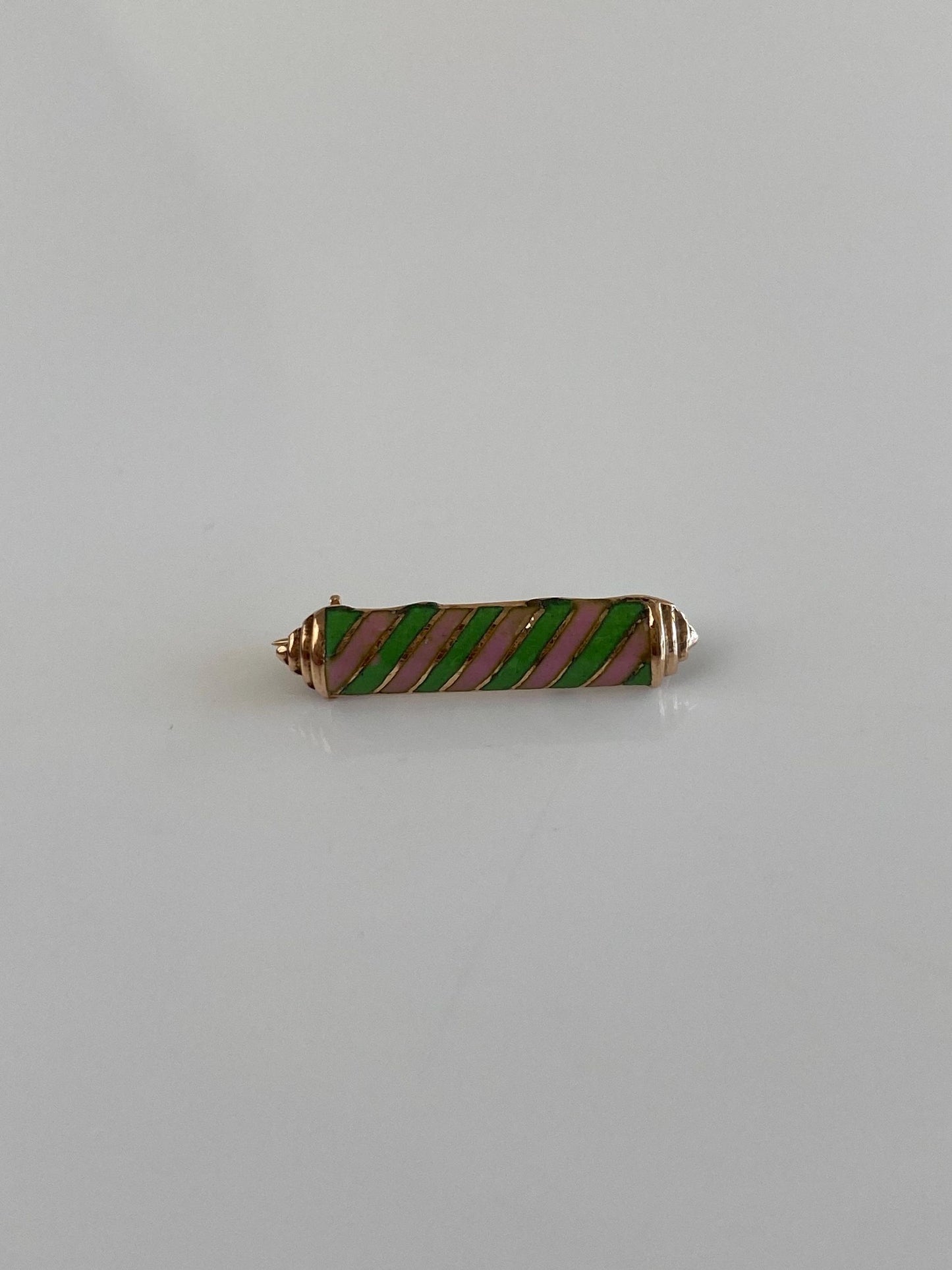 Vintage Solid 10k Yellow Gold Pink Green Enamel Striped Pin