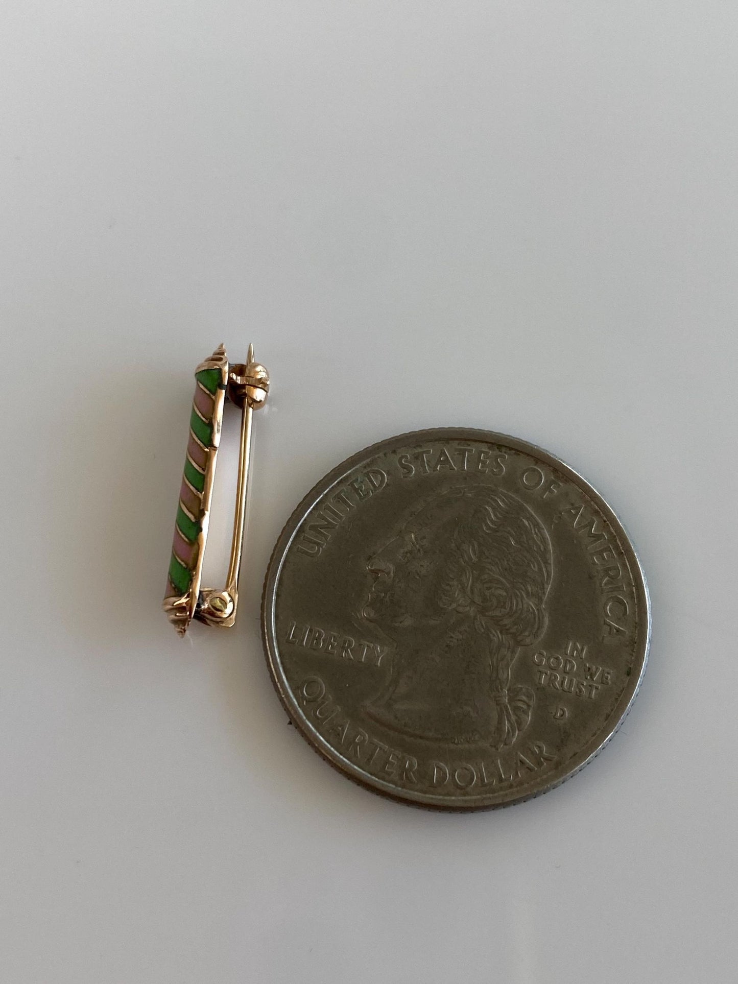 Vintage Solid 10k Yellow Gold Pink Green Enamel Striped Pin