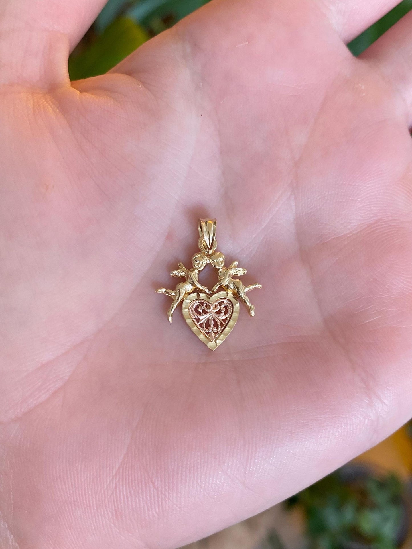 Vintage Solid 14k Rose & Yellow Gold Angels Cupids Heart Charm