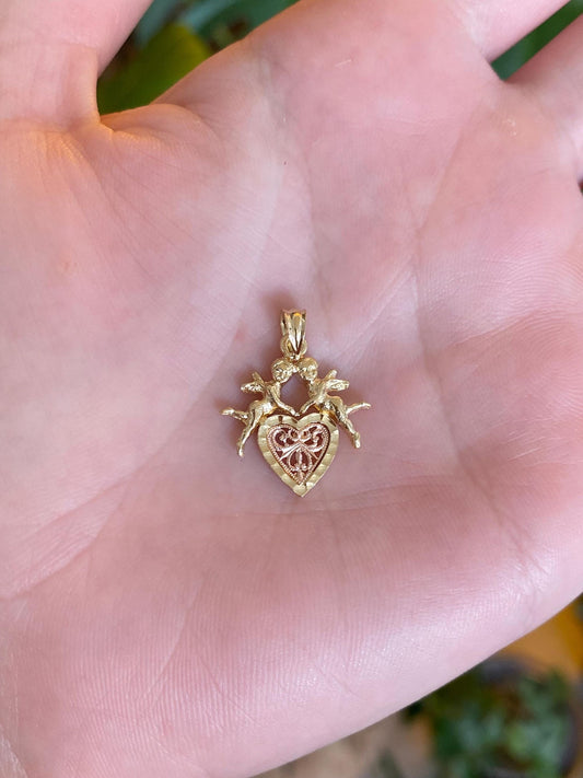 Vintage Solid 14k Rose & Yellow Gold Angels Cupids Heart Charm