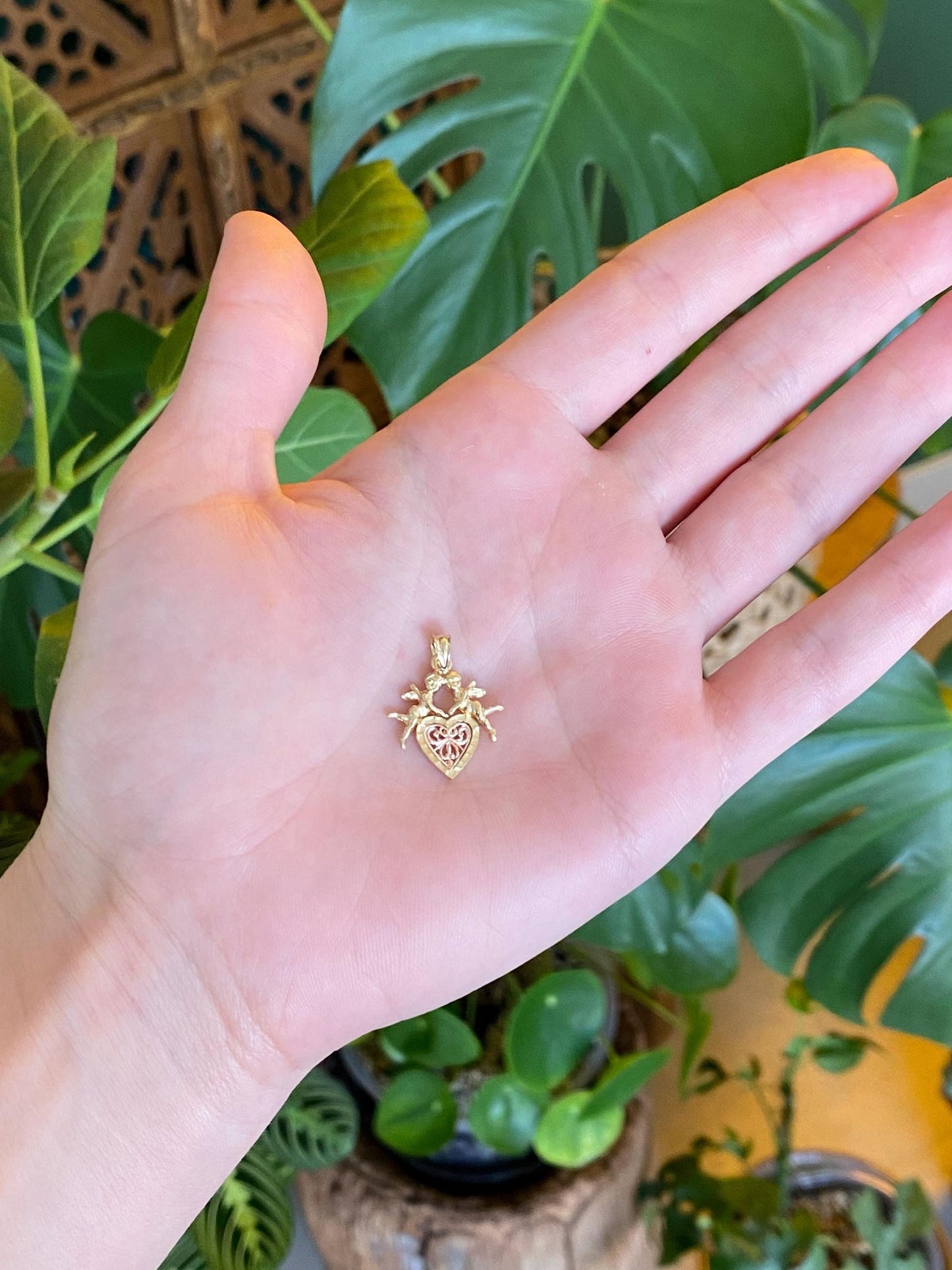 Vintage Solid 14k Rose & Yellow Gold Angels Cupids Heart Charm