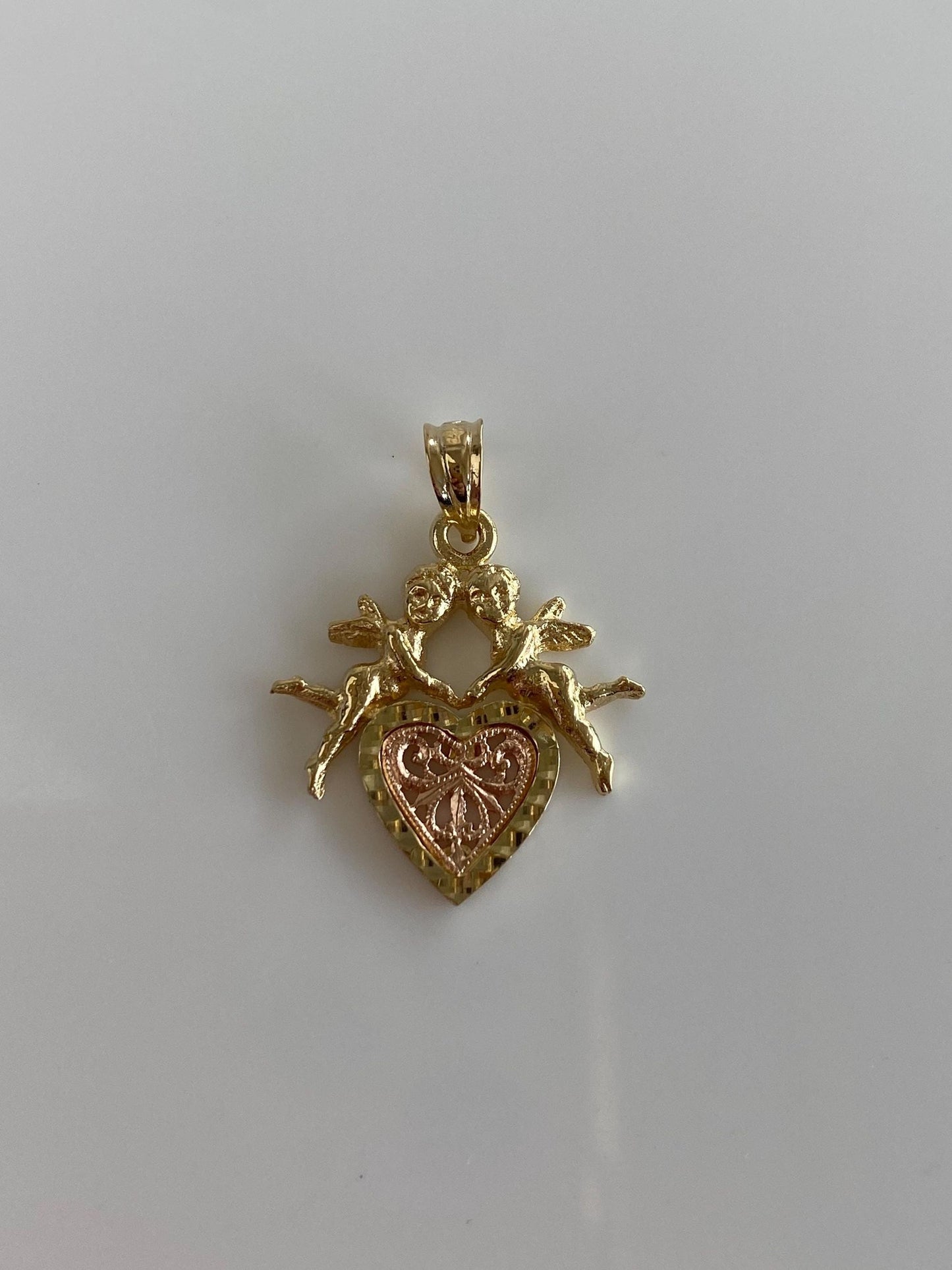 Vintage Solid 14k Rose & Yellow Gold Angels Cupids Heart Charm