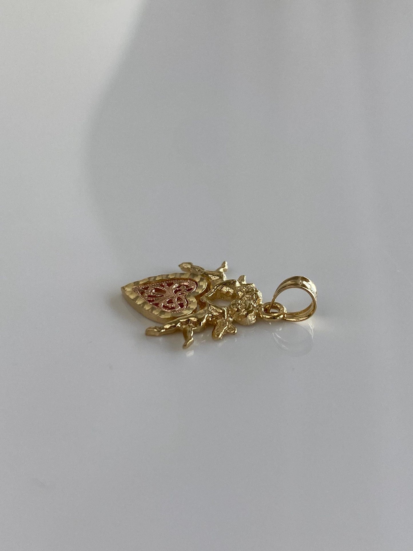 Vintage Solid 14k Rose & Yellow Gold Angels Cupids Heart Charm