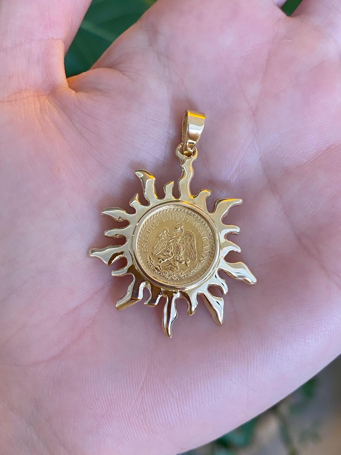 Vintage Solid 14k Yellow Gold Frame & Mexican 2 Peso Gold Coin Pendant