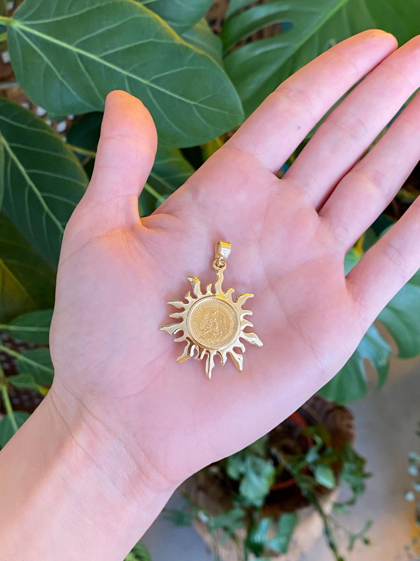 Vintage Solid 14k Yellow Gold Frame & Mexican 2 Peso Gold Coin Pendant