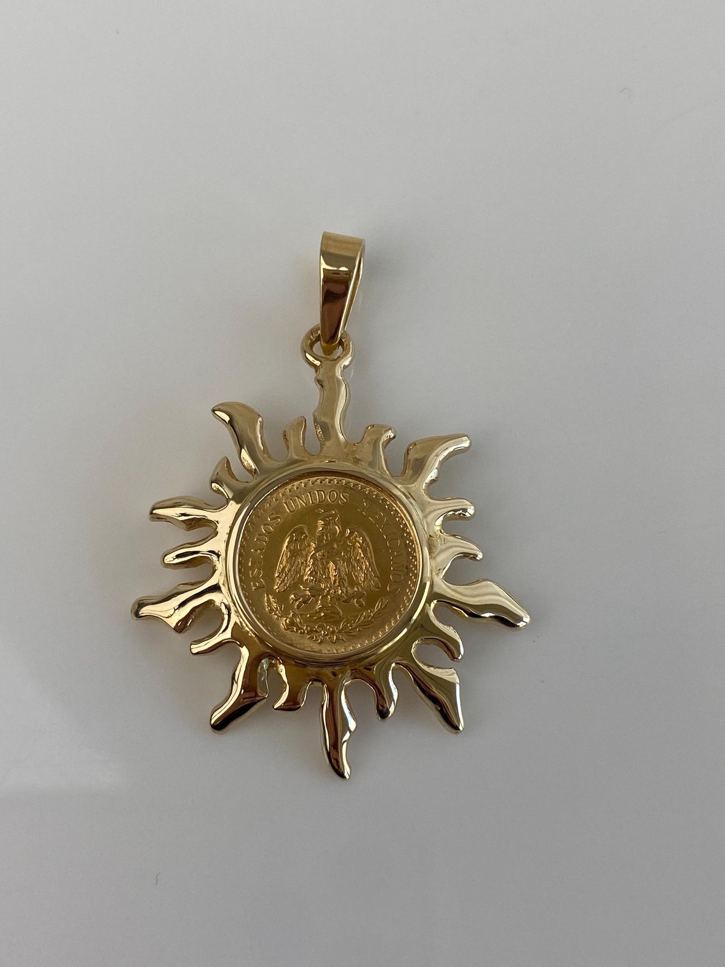 Vintage Solid 14k Yellow Gold Frame & Mexican 2 Peso Gold Coin Pendant