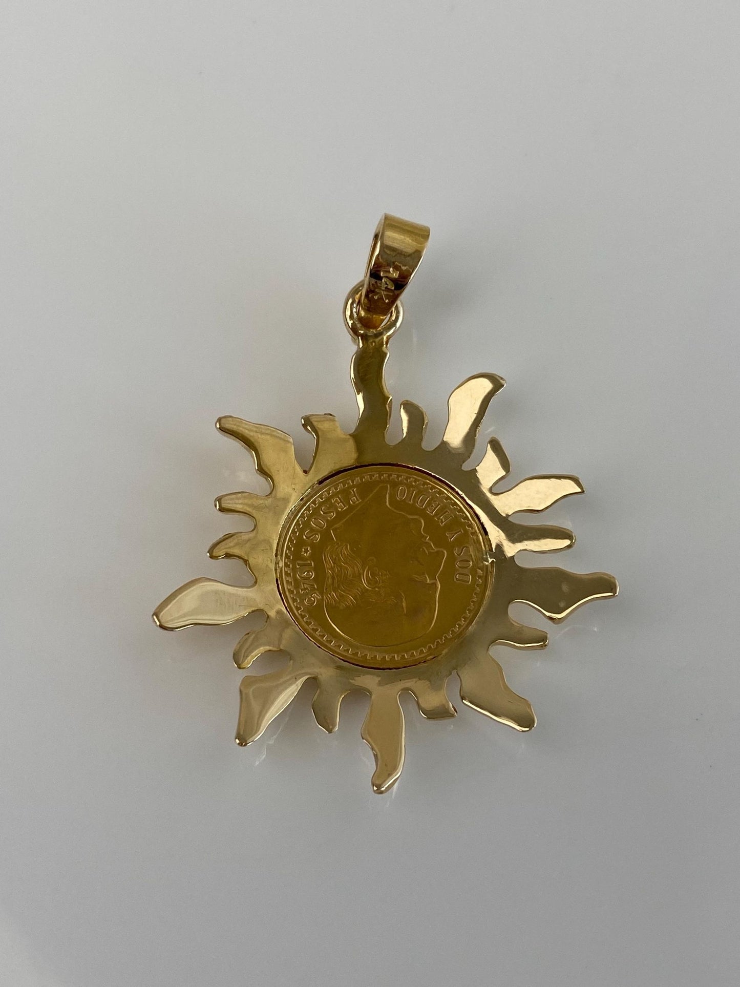 Vintage Solid 14k Yellow Gold Frame & Mexican 2 Peso Gold Coin Pendant