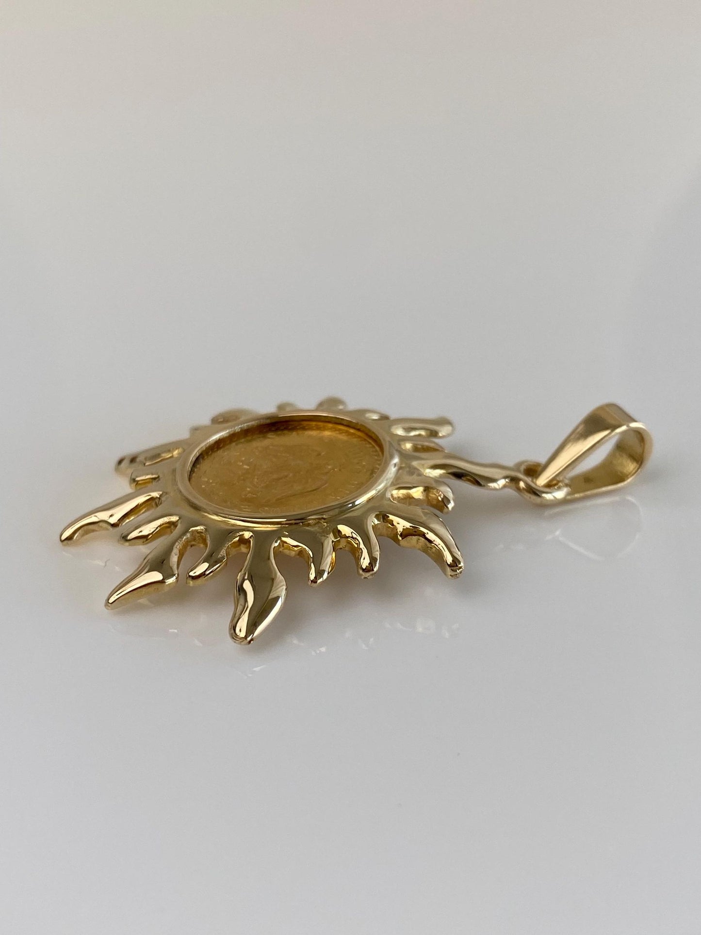 Vintage Solid 14k Yellow Gold Frame & Mexican 2 Peso Gold Coin Pendant