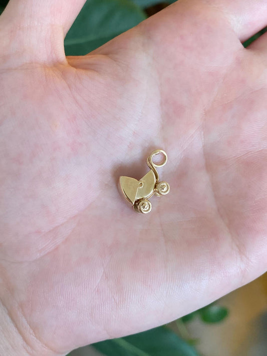 Vintage Solid 14k Yellow Gold Articulated Baby Carriage Charm