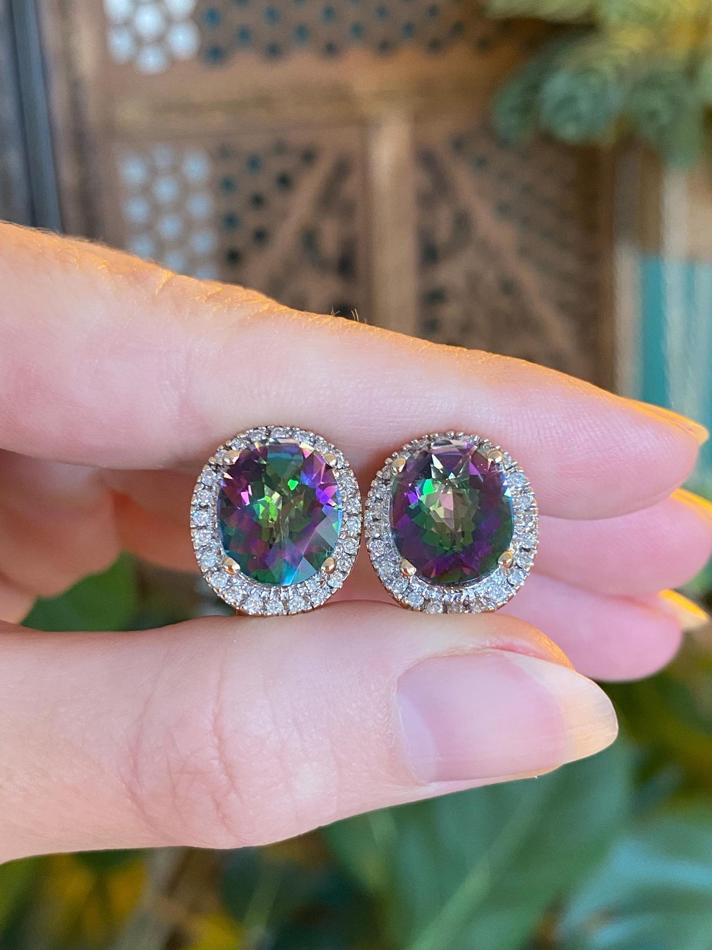 Vintage Solid 14k Yellow Gold Diamond Halo Mystic Topaz Stud Earrings